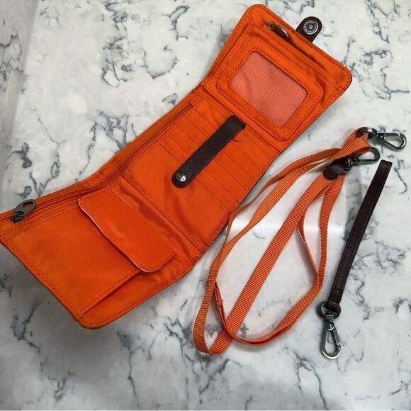 Mosey life Burnt Orange Red Crossbody wrist wallet Bag Small Brown Leather Trim - Picture 12 of 12